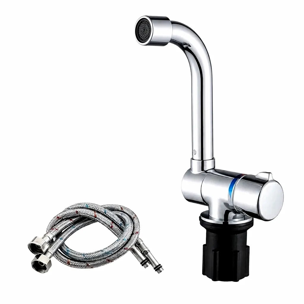 AIROW Marine Folding Hot and Cold Water Faucet with 360° Swivel Spout and Braided Stainless Steel Hoses, Mirror-Polished Chrome Finish