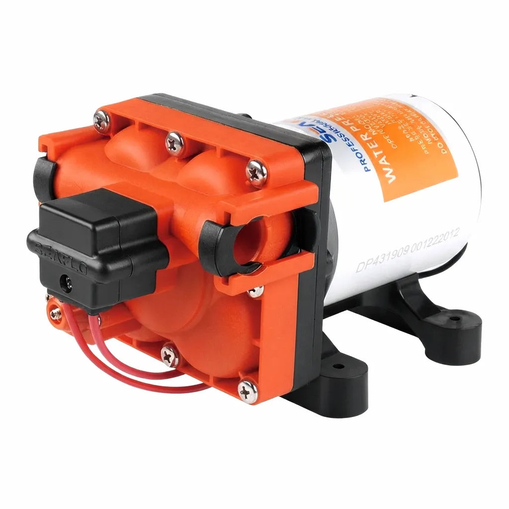 AirowMarine 3.0 GPM 55 PSI Marine Fresh Water Booster Pump with quick-connect fittings, orange polymer housing, and white motor body on a white background.