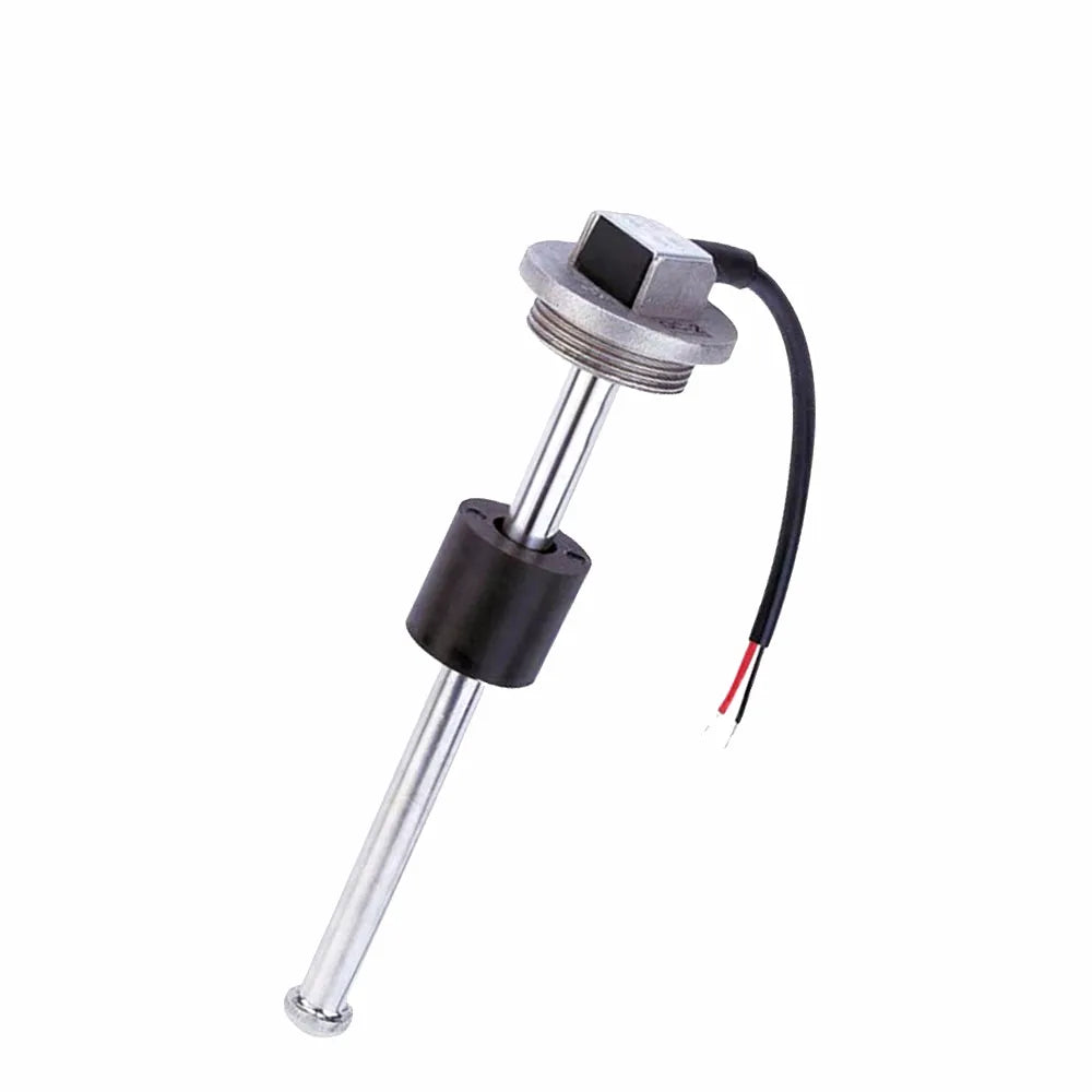 Marine stainless steel fuel and water tank level sensor with black float and wiring, for precise liquid level measurement in boats and yachts.