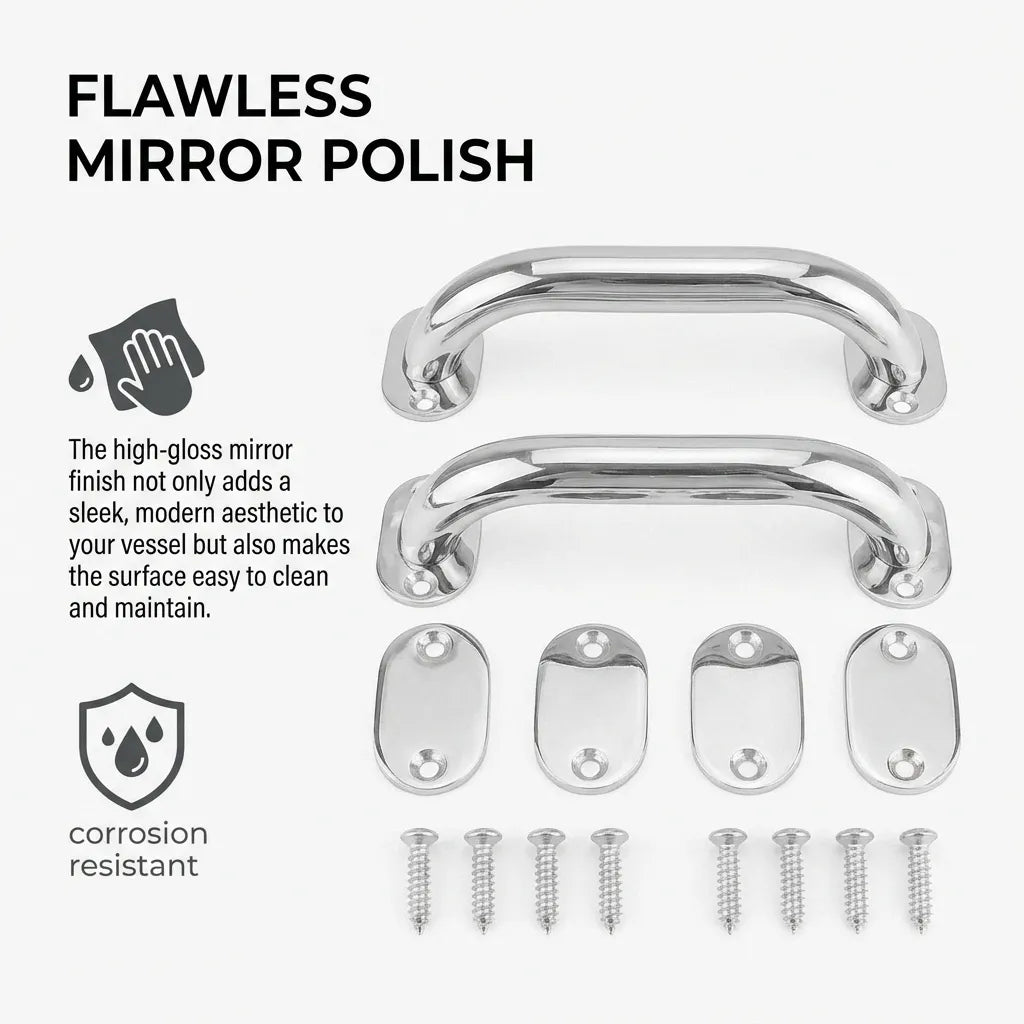 Visual demonstration of the flawless mirror polish finish and included oval base plates and fasteners.