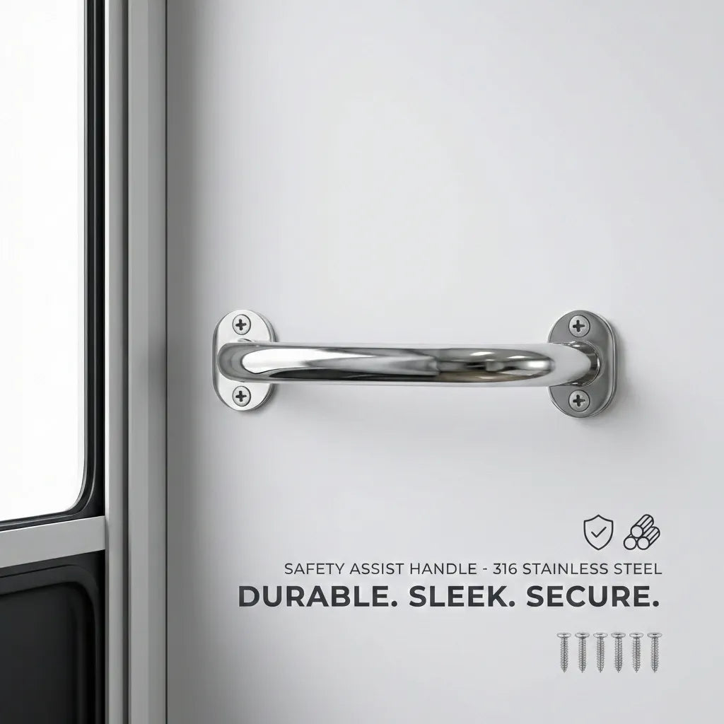 Safety assist handle mounted horizontally on a door panel showcasing the sleek mirror finish.