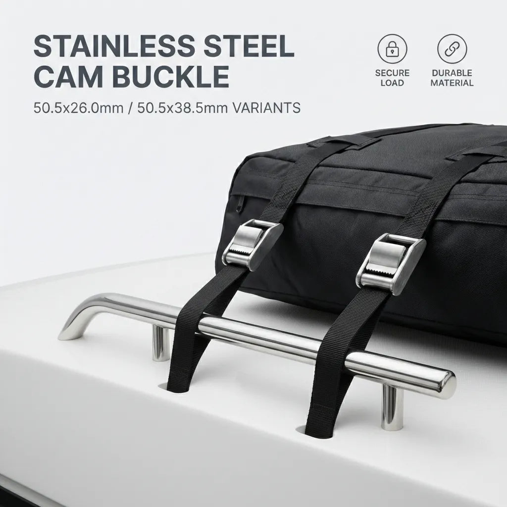 Stainless steel cam buckles securing a black gear bag to a vehicle roof rack rail.