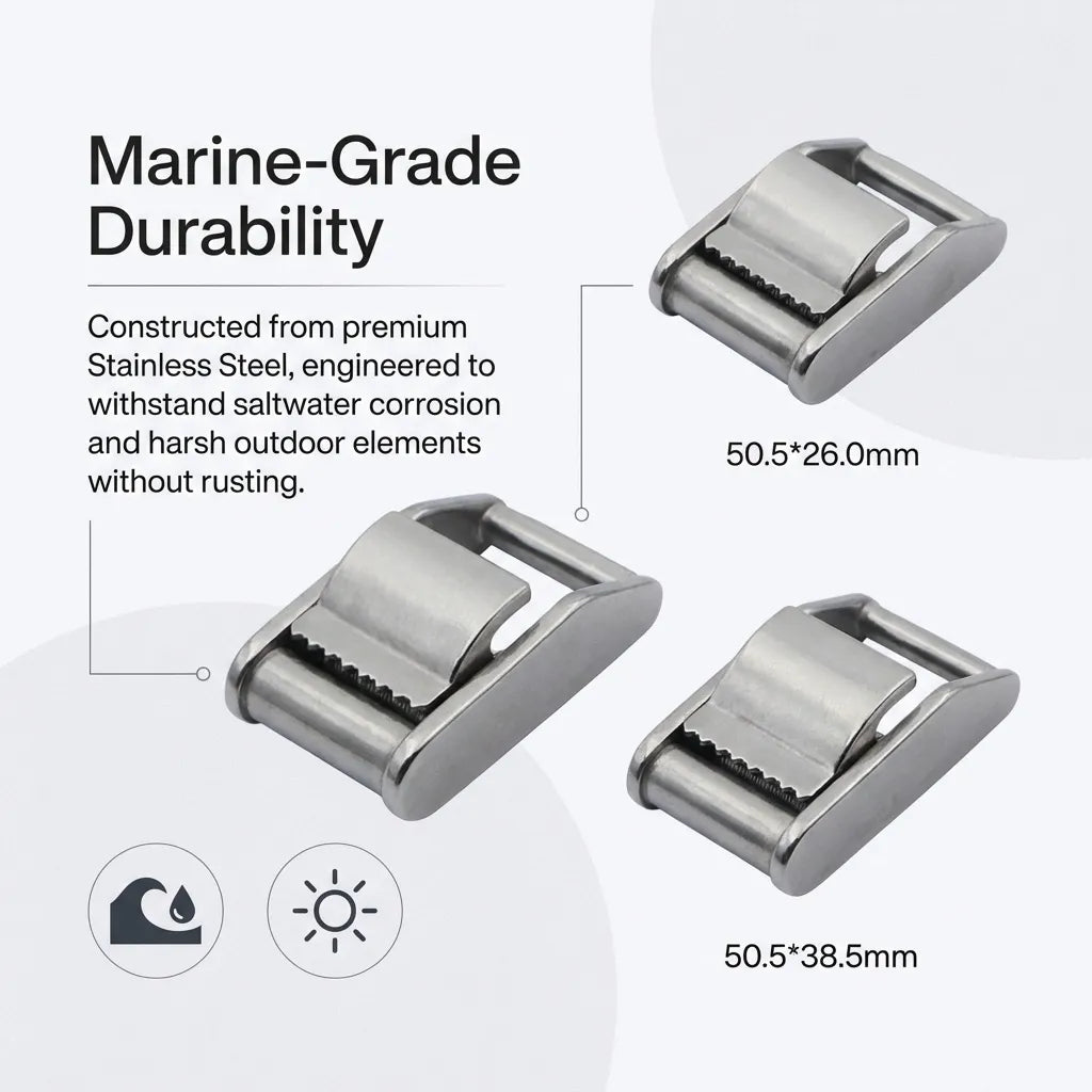 Infographic highlighting marine-grade durability and stainless steel construction for saltwater environments with dimensions 50.5x26.0mm and 50.5x38.5mm.