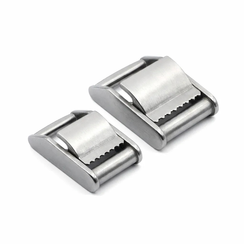 Dual marine-grade 316 stainless steel cam lock buckles for 25mm and 38mm webbing on a clean white background.