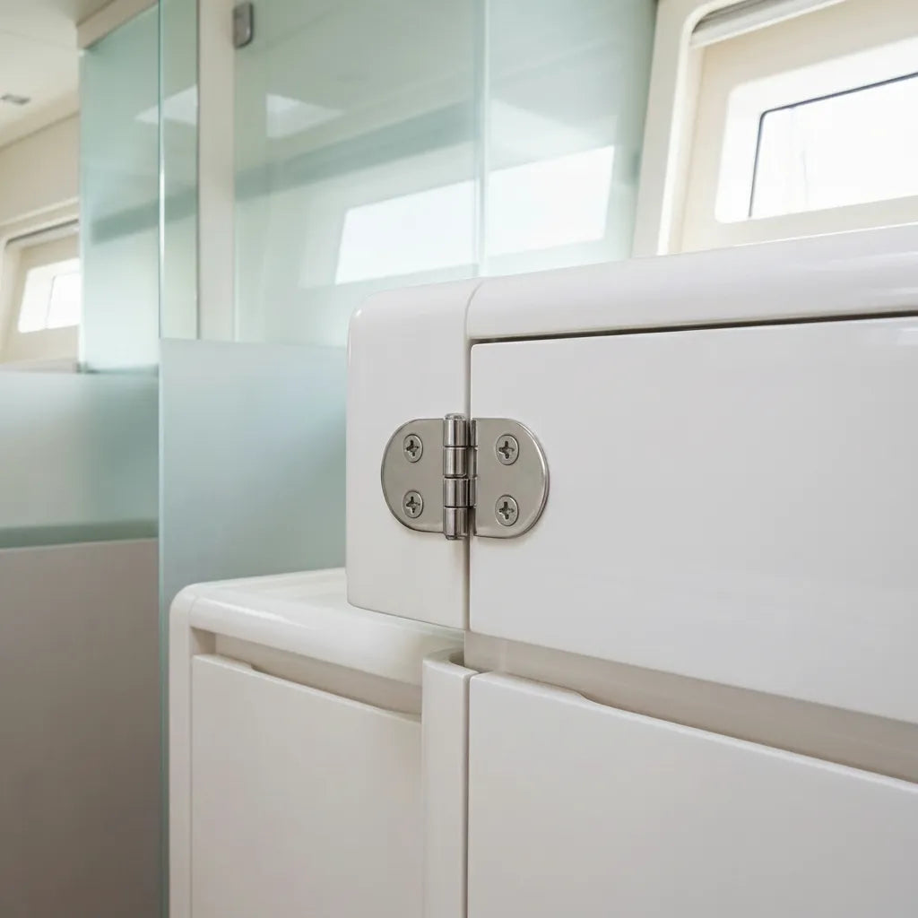 Close-up of the 316 stainless steel hinge installed on a high-gloss white cabinet door inside a luxury boat cabin.