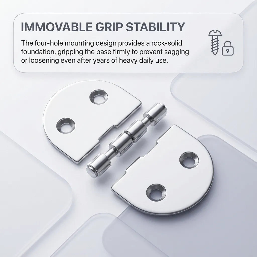 An exploded-style visual showing the four-hole mounting design for rock-solid foundation and prevention of door sagging.