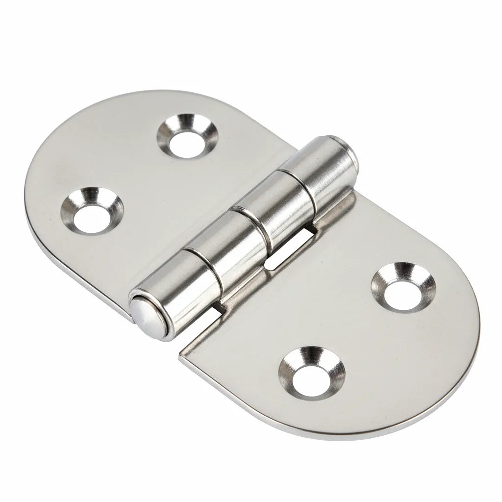 Mirror-polished 316 stainless steel heavy-duty oval hinge on a pure white background, showing four countersunk mounting holes and precision-engineered knuckles.