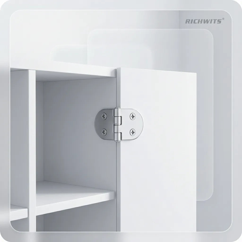 Heavy-duty oval hinge mounted on a minimalist white cabinet door, demonstrating architectural aesthetic for modern home interiors.
