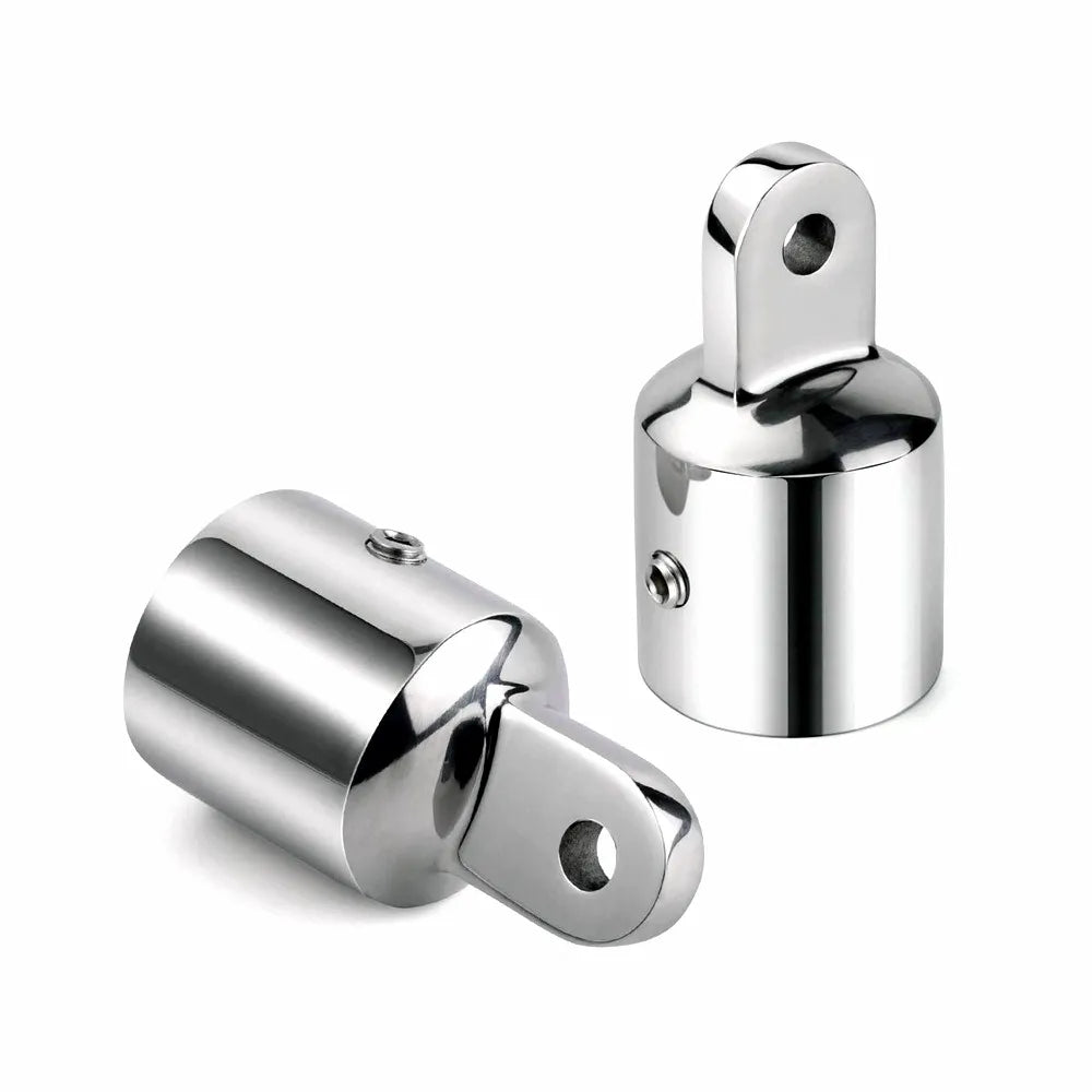 Pair of mirror-polished 316 stainless steel marine sliding caps for boat awning or bimini top frames, featuring heavy-duty construction and high reflectivity.