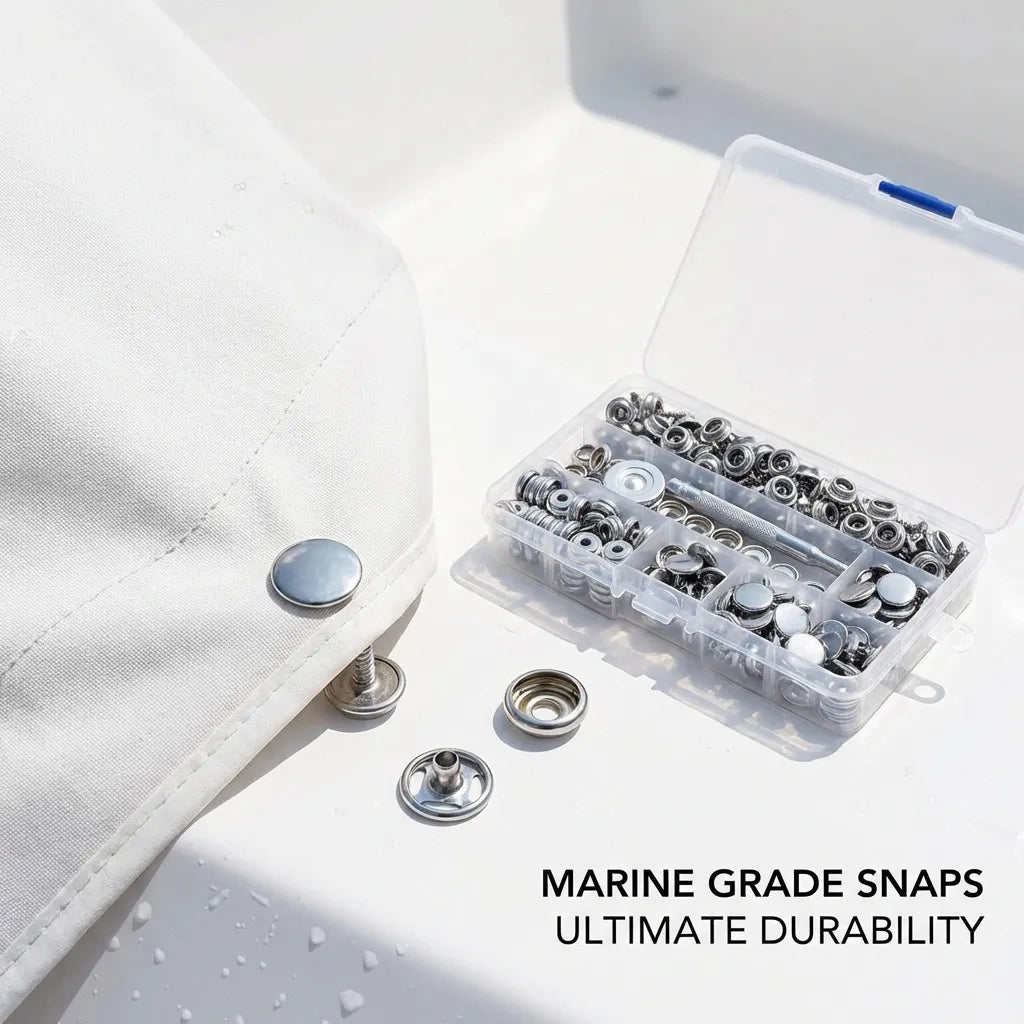 Close-up of a stainless steel snap being installed on a white marine canvas boat cover, demonstrating durability and fit in a marine environment.