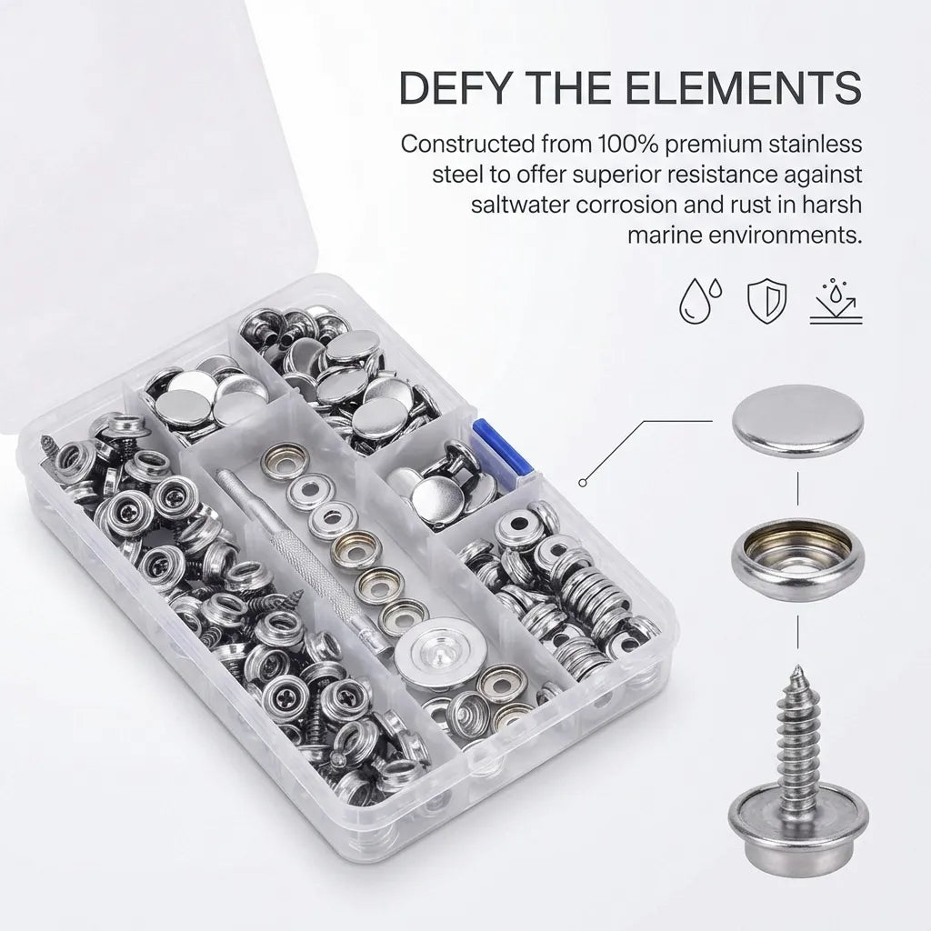 Exploded view of snap components with text 'Defy the Elements' highlighting 100% premium stainless steel construction for saltwater corrosion resistance.