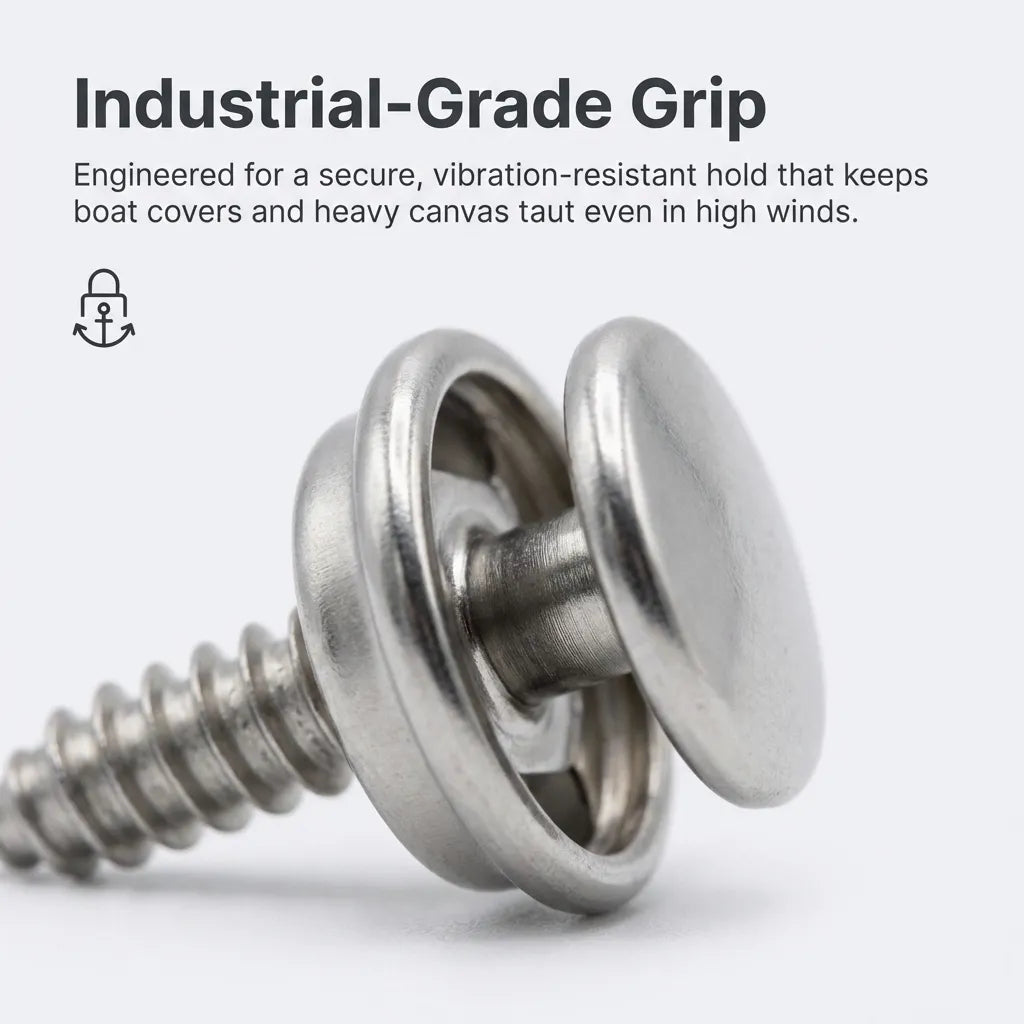 Macro view of the industrial-grade snap locking mechanism showing the secure vibration-resistant hold engineered for heavy canvas and high-wind conditions.