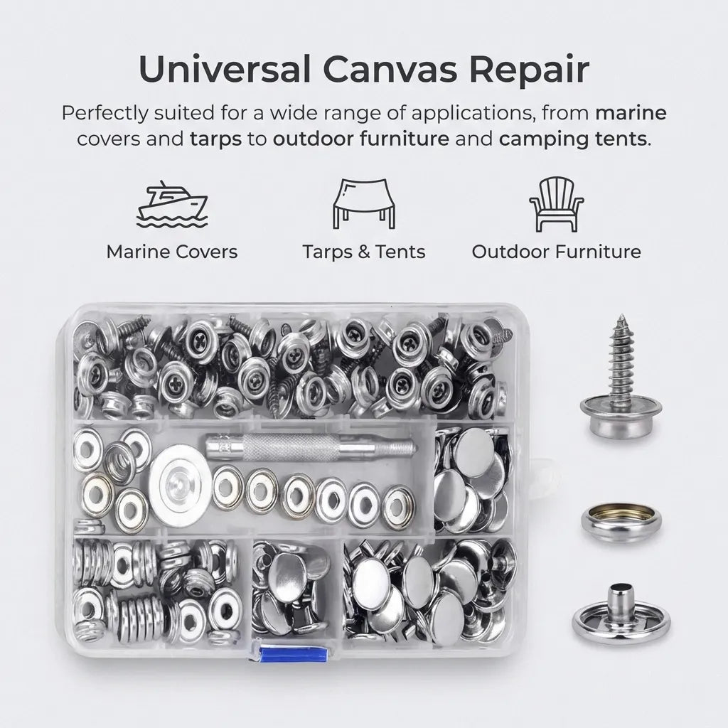 Application chart showing use cases for marine covers, tarps, tents, and outdoor furniture with a organized kit overview.