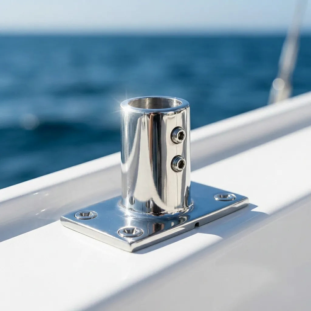 Close-up of the 90-degree rectangular base fitting installed on a boat deck railing showing the mirror-polished finish against the ocean backdrop.