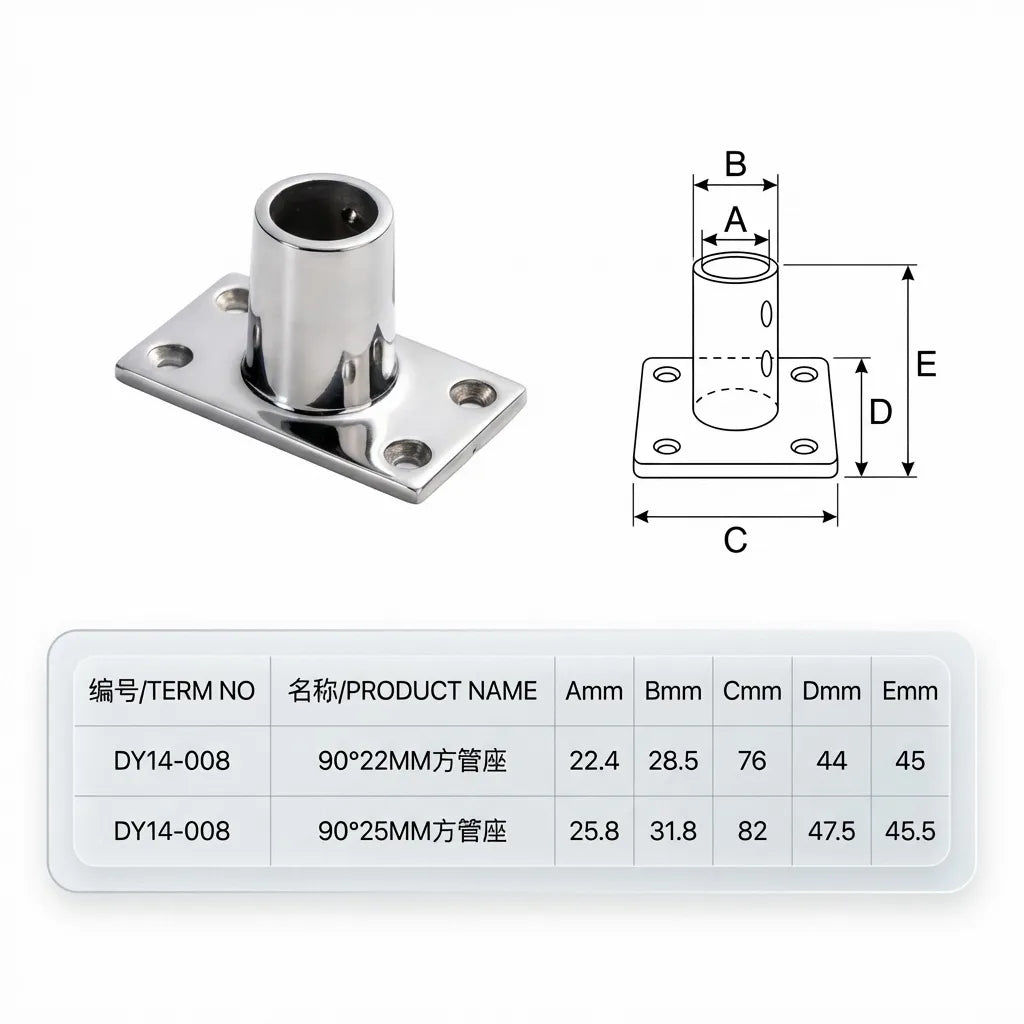 Technical spec sheet with dimensional diagram and table showing measurements for 22mm and 25mm 90-degree rectangular base fittings.