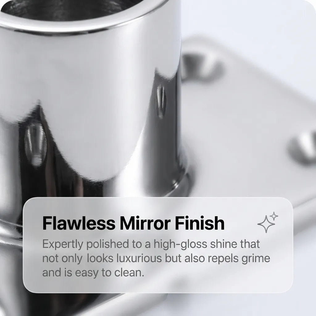 Macro shot of the flawless mirror finish on the stainless steel tube socket, demonstrating high-gloss shine and grime-repellent surface.