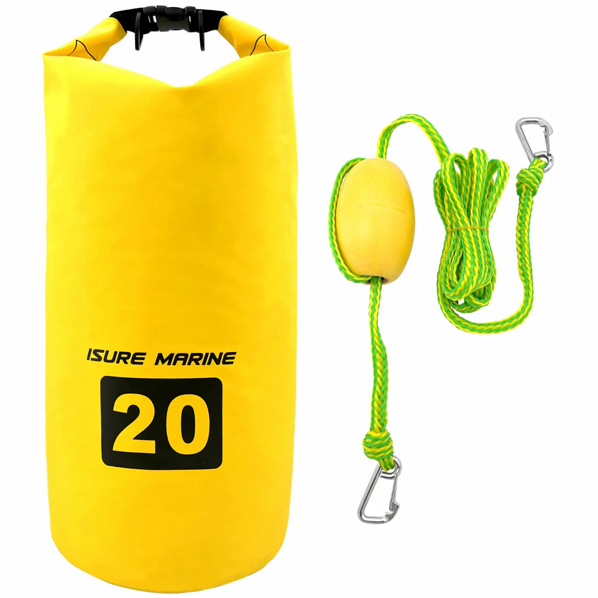 Yellow 20L iSure Marine dry bag and sandbag anchor kit with fluorescent rope, float, and two stainless steel carabiners