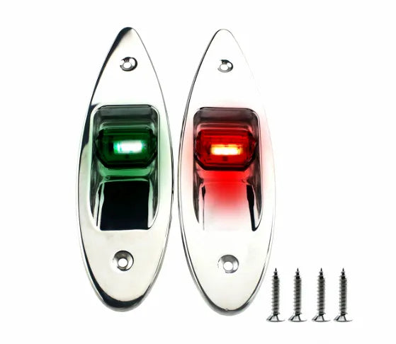 Pair of mirror-polished 316 stainless steel LED bow navigation lights, featuring high-intensity red and green LEDs, with mounting screws included, against a pure white background.