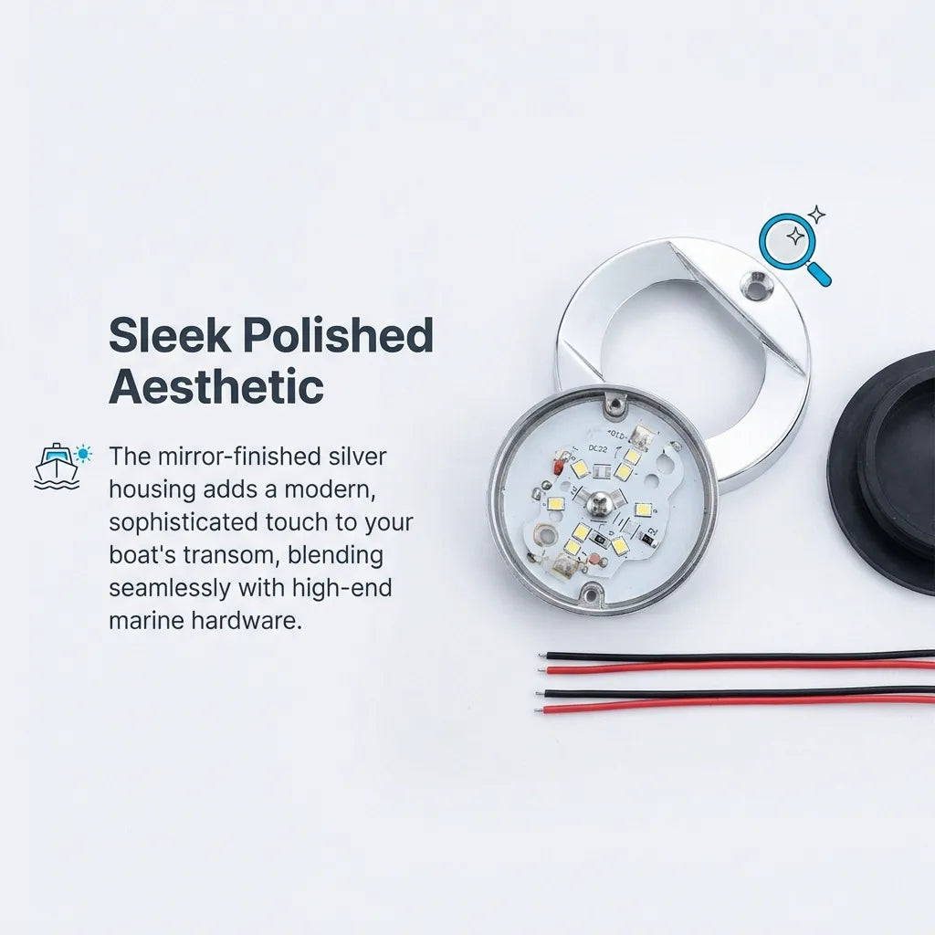 Exploded-style view of the mirror-finished silver housing and internal LED board, emphasizing the sleek modern design.