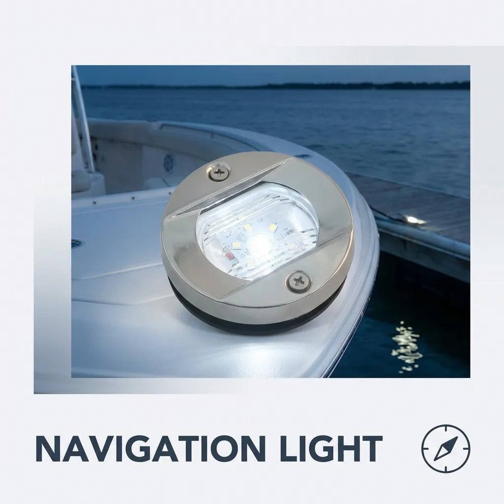 The LED navigation light mounted on a white boat transom at dusk, showcasing its high-intensity cool white beam for maritime safety.