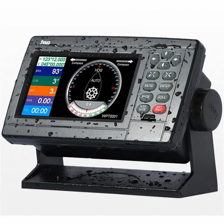 AirowMarine 5-inch WVGA marine chart plotter with GPS and Beidou dual-mode navigation, IPX6 waterproof, displaying compass and navigation data with simulated water droplets.