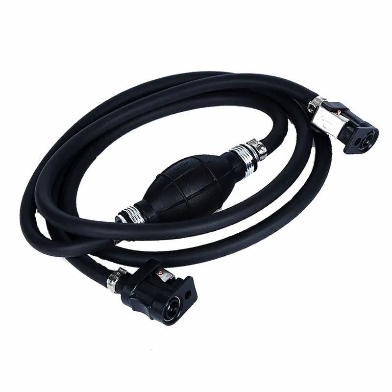 Black marine outboard fuel line assembly with 8mm diameter hose, manual priming bulb, and quick-connect fittings on a pure white background.