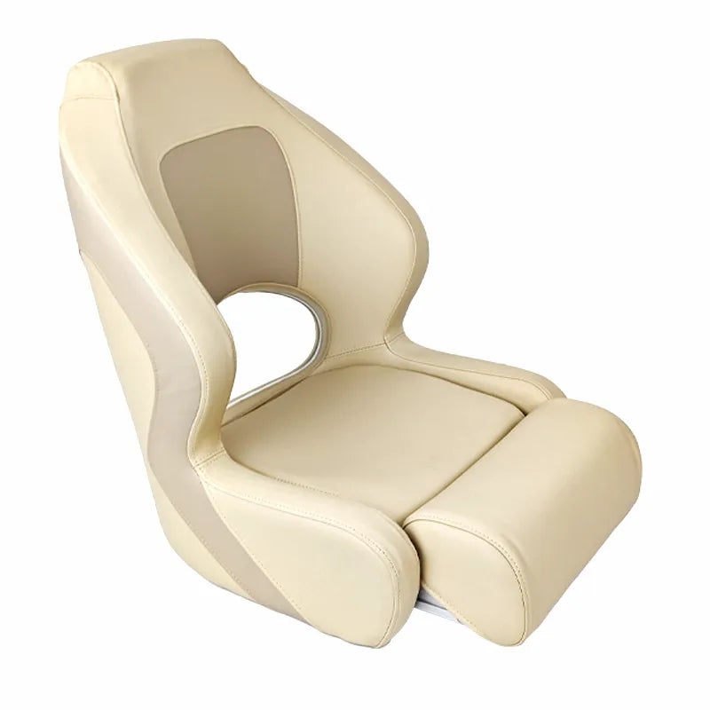 Ergonomic marine pilot chair in cream and beige, front elevated view, waterproof UV-resistant vinyl upholstery