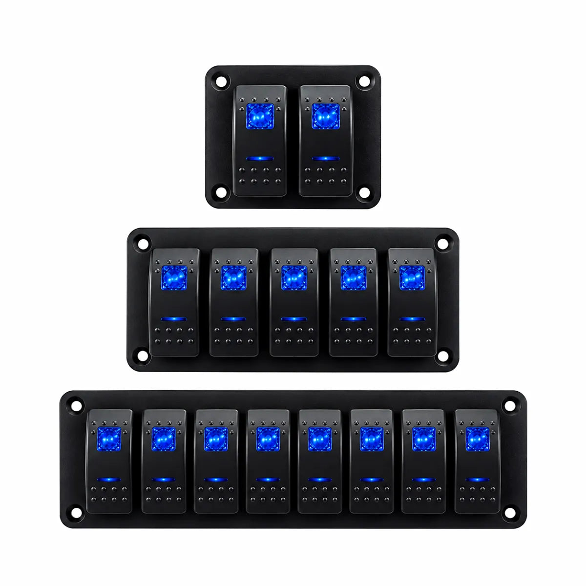 Multi-gang blue LED backlit marine rocker switch panel in 2, 6, and 8 gang configurations, ready for boat retrofits.