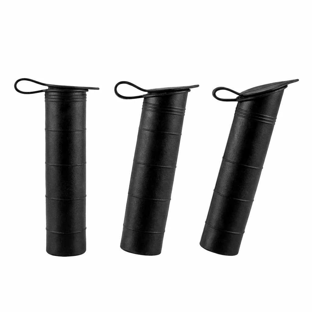 Three black marine-grade fishing rod holder inserts with integrated caps, showing 0, 15, and 30 degree variations on a white background.