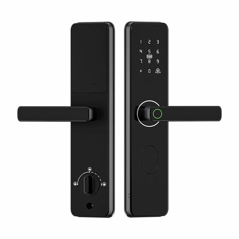 Marine Smart Fingerprint Door Lock with keypad and handle, sleek black finish, front view