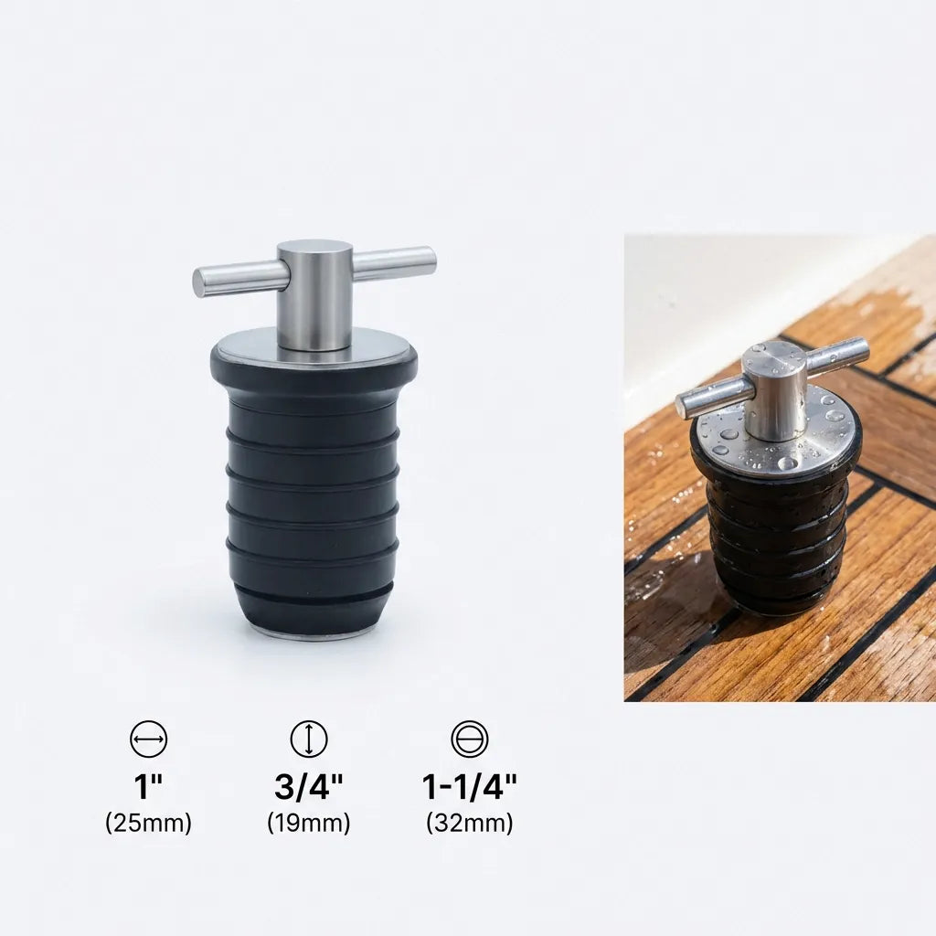 Split view showing the drain plug against a white background and installed on a teak wood boat deck with water droplets.