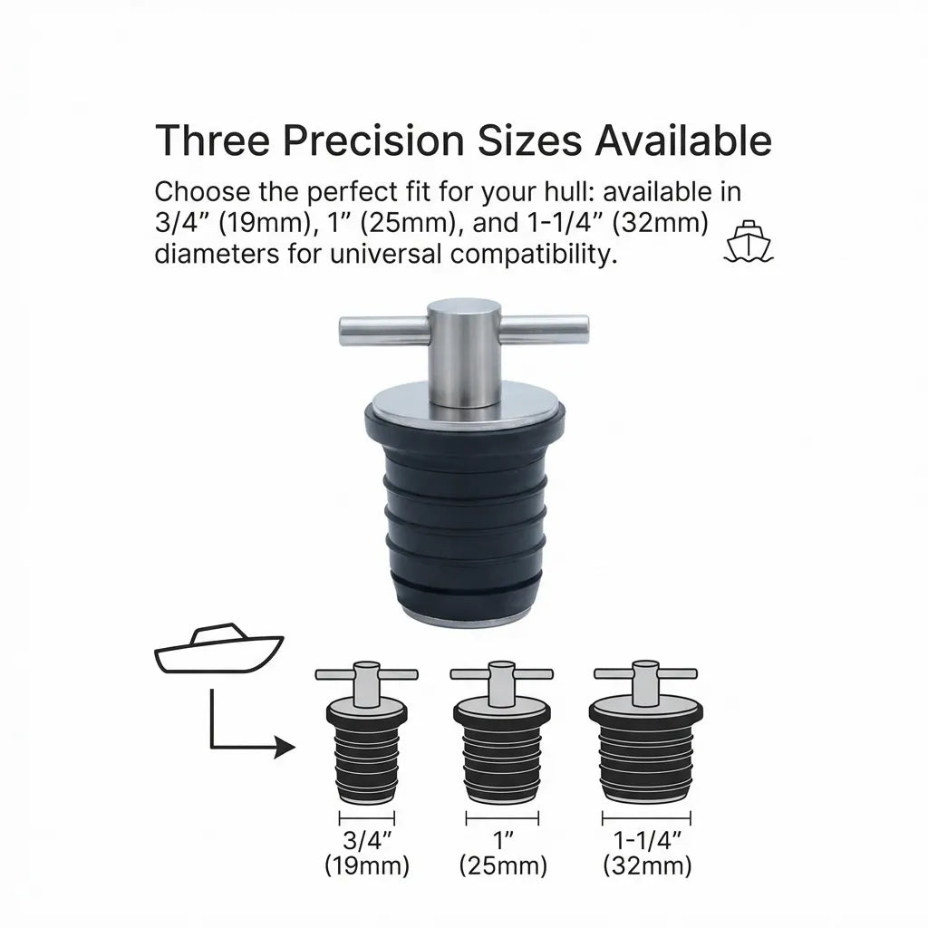 Visual comparison of three precision drain plug sizes: 3/4 inch, 1 inch, and 1-1/4 inch diameters for universal boat hull compatibility.