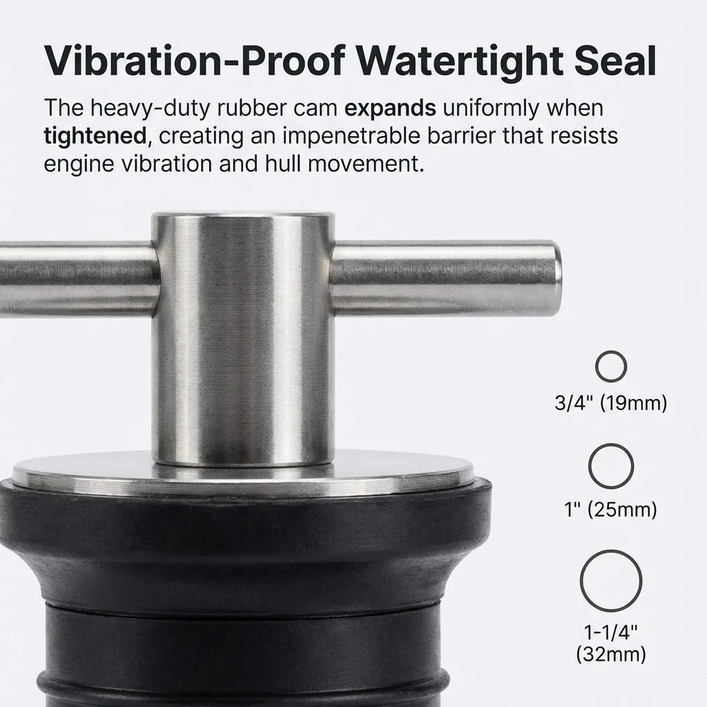 Macro shot of the stainless steel T-handle emphasizing the ergonomic design for creating a vibration-proof watertight seal.