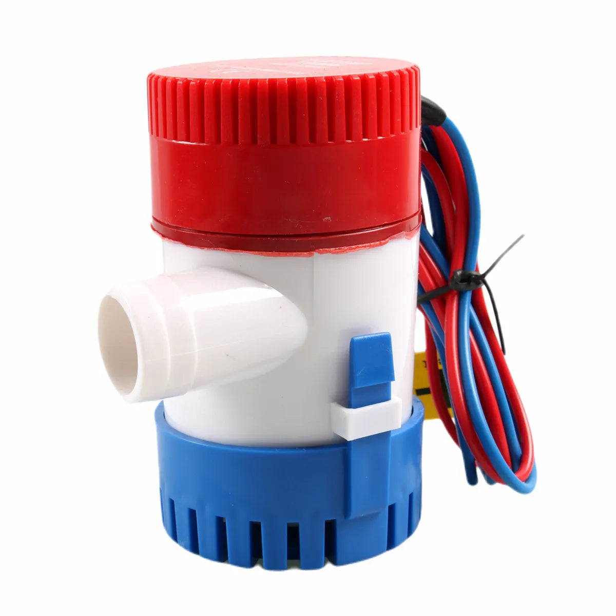 AirowMarine Marine Submersible Bilge Pump with Red Cap, White Body, Blue Base, and Tinned Wiring