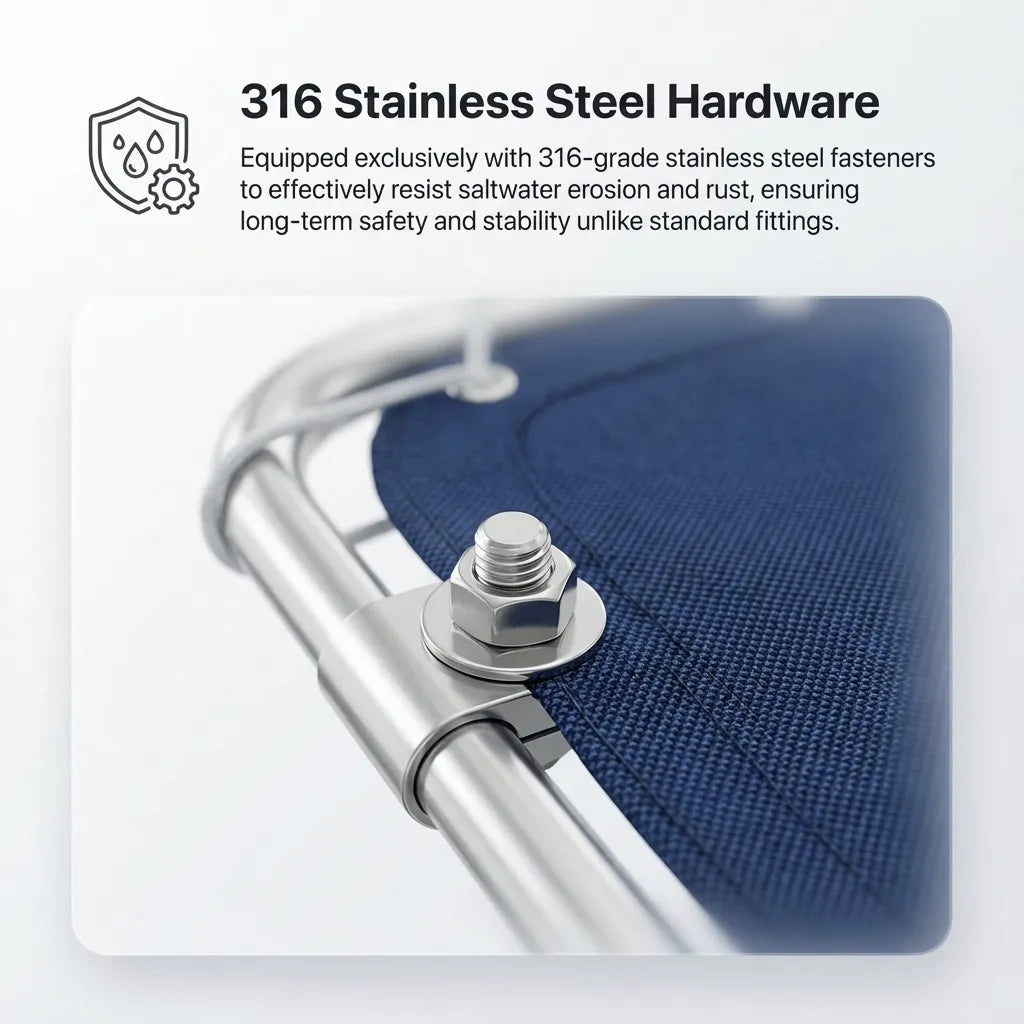 Detail macro shot of 316-grade stainless steel nut and bolt hardware securing the blue marine canvas to the aluminum tubing.