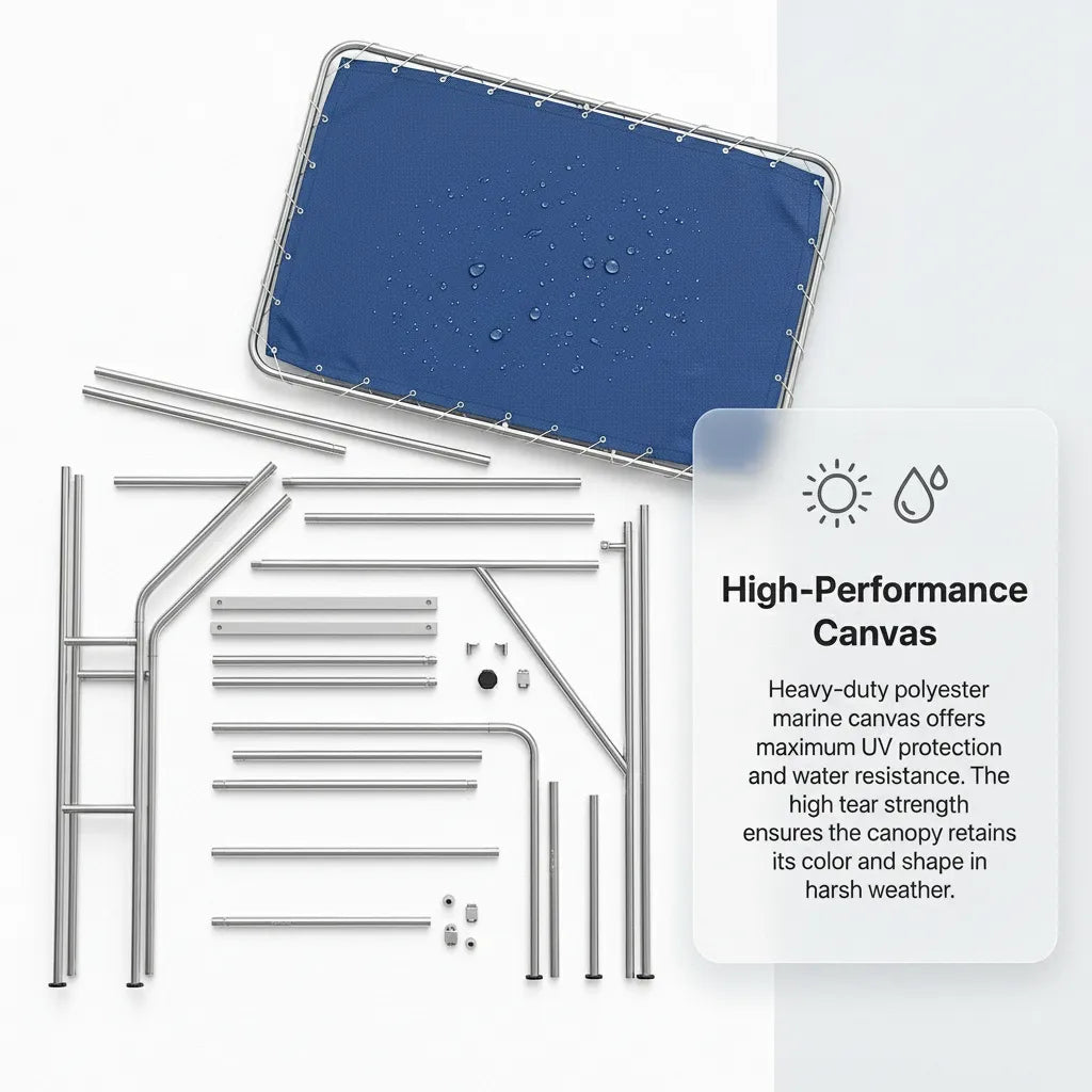 Top-down view of all disassembled T-top components including the blue waterproof canvas, aluminum support poles, and hardware kits.
