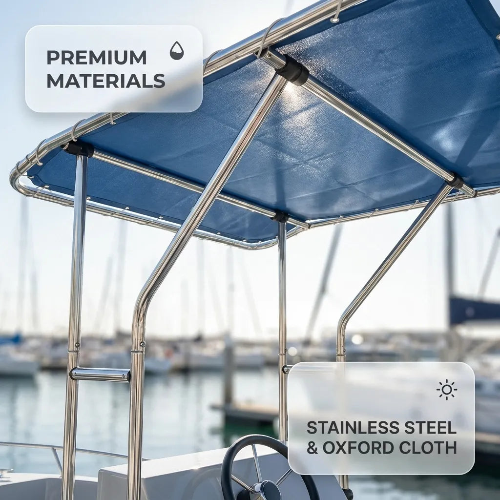 Close-up lifestyle view of the boat T-top canopy showcasing the stainless steel frame and oxford cloth under bright sun at a marina.