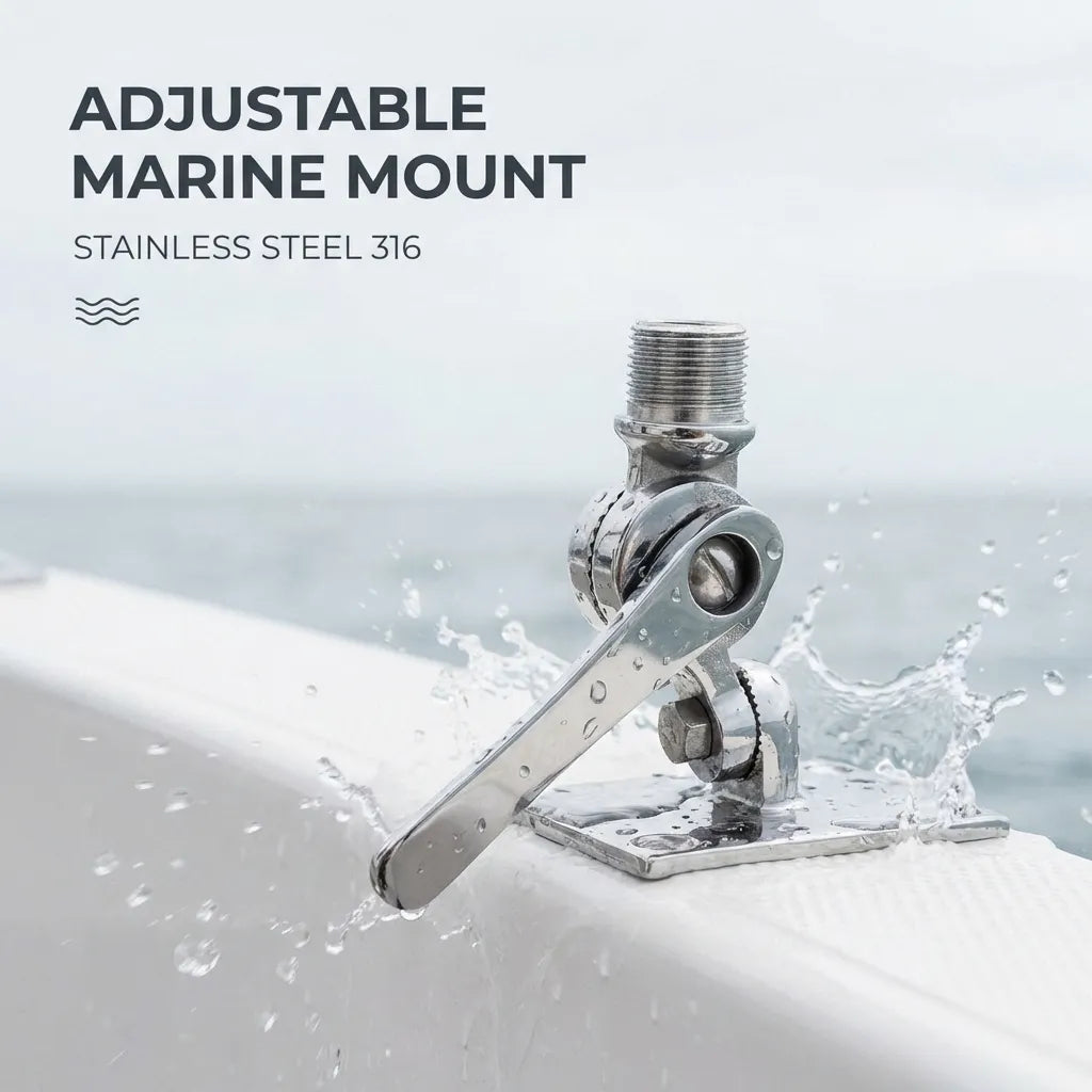 Adjustable marine mount on a boat deck with water splashing, demonstrating saltwater corrosion resistance and durable construction.