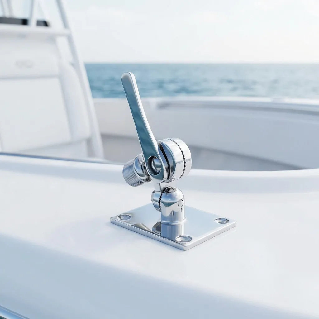 Mirror-polished 316 stainless steel antenna mount installed on the gunwale of a center console boat against a blue ocean background.