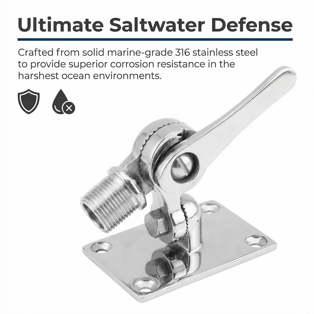 Close-up of the solid metal slab base with text 'Ultimate Saltwater Defense' highlighting marine-grade 316 stainless steel properties.