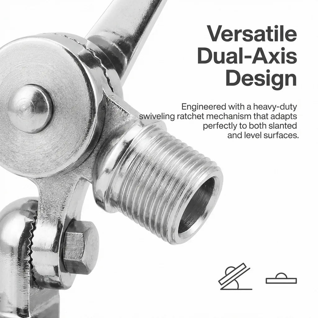 Macro view of the heavy-duty swiveling ratchet mechanism showing precision-engineered teeth for multi-angle adjustment on slanted surfaces.