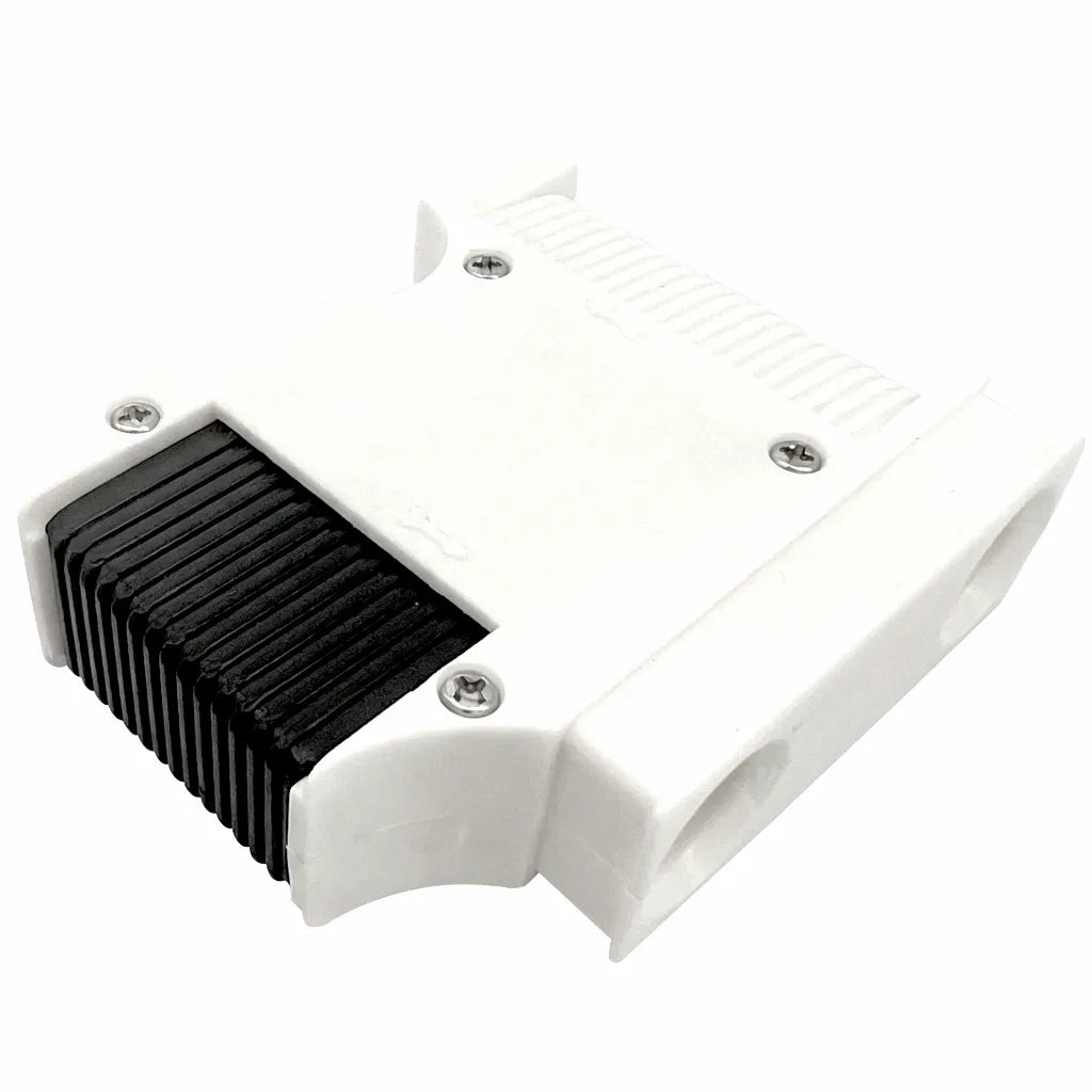 High-impact white ABS marine fender cable regulator with black internal grip and stainless steel fasteners on a white background.