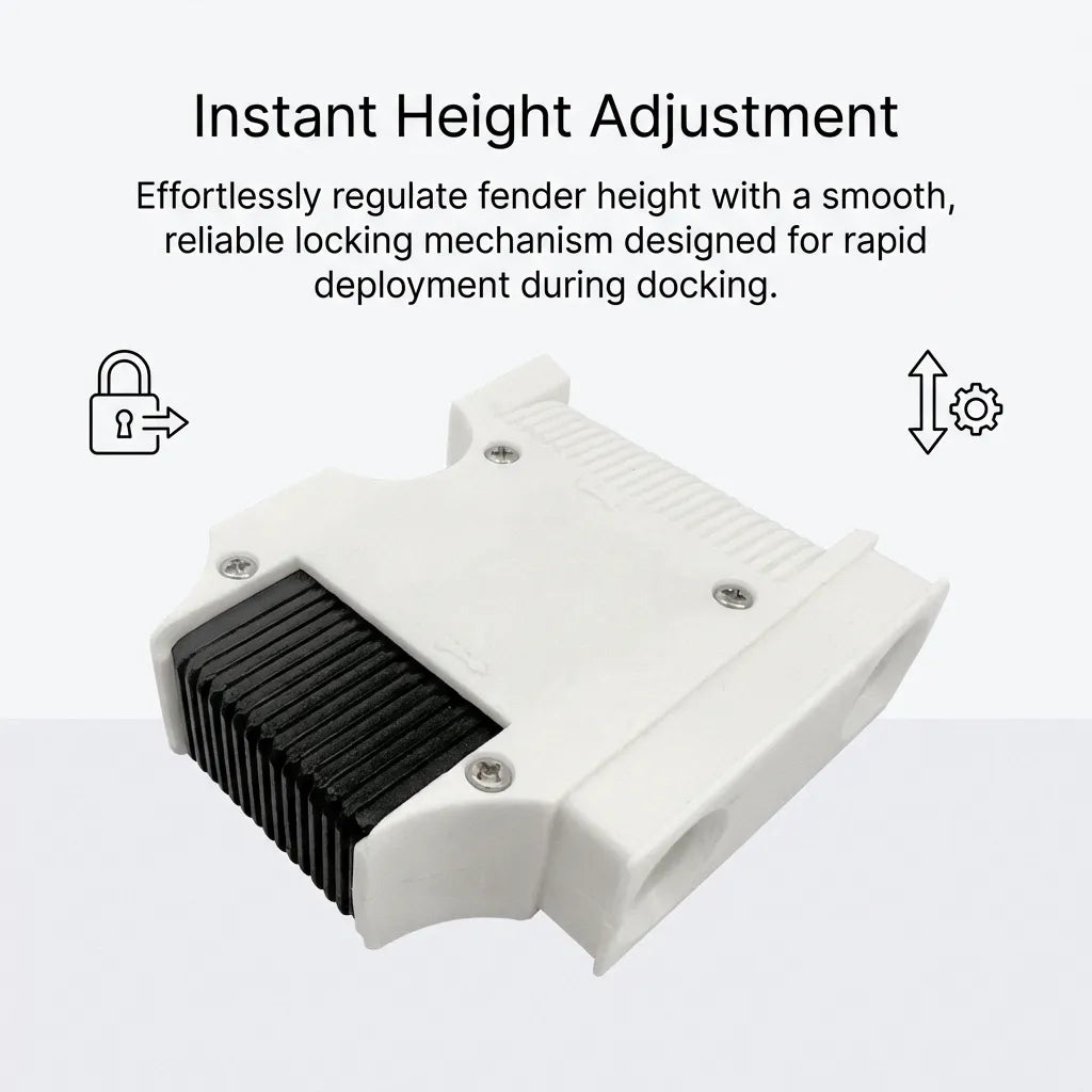 Infographic showing the instant height adjustment feature with locking mechanism icons and descriptive text.