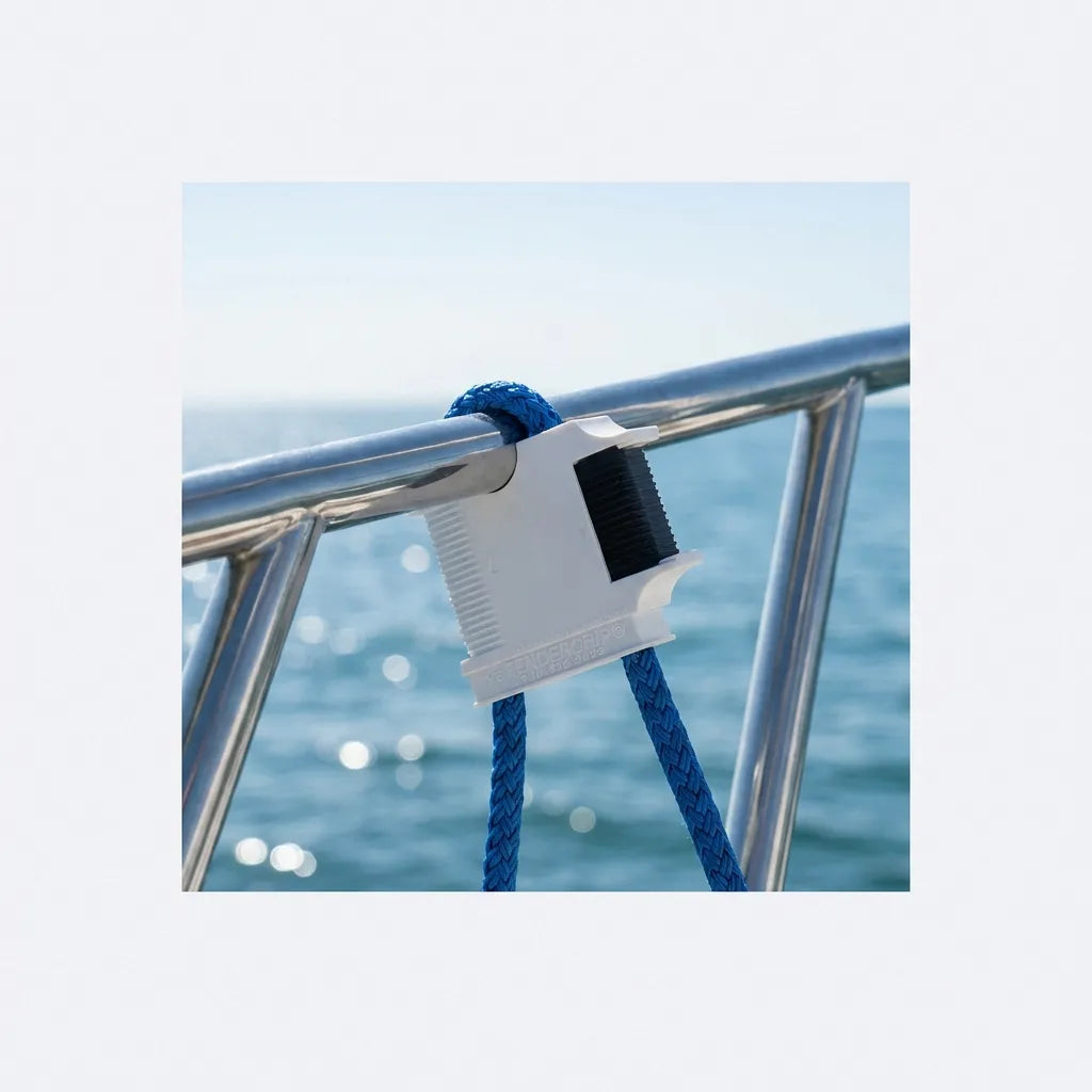 Close-up of the fender regulator clamped to a polished stainless steel yacht rail with blue braided marine rope.