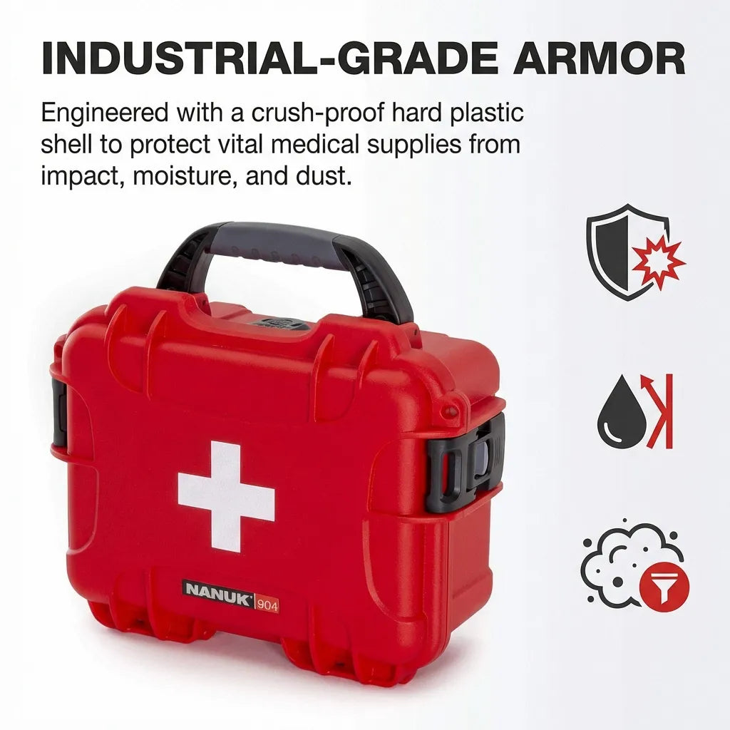 Infographic detailing industrial-grade armor with icons representing crush-proof hard plastic shell, moisture resistance, and dust protection.