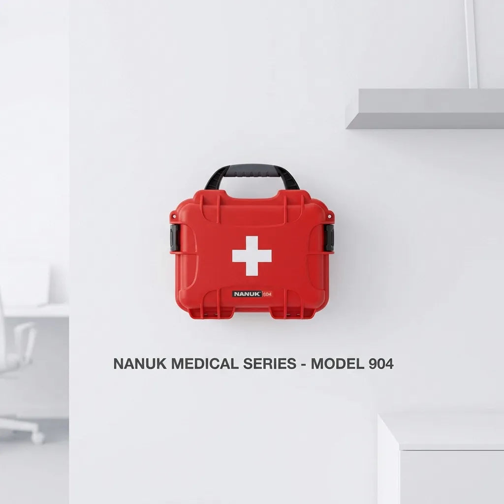 NANUK 904 Medical Series Model 904 wall-mounted in a professional office environment for rapid emergency access.