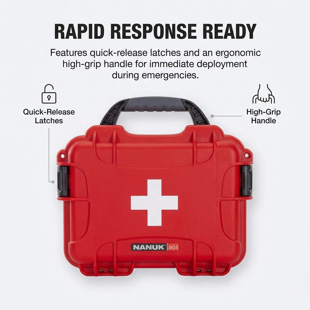 Diagram showing the quick-release PowerClaw latches and ergonomic high-grip handle for immediate deployment.