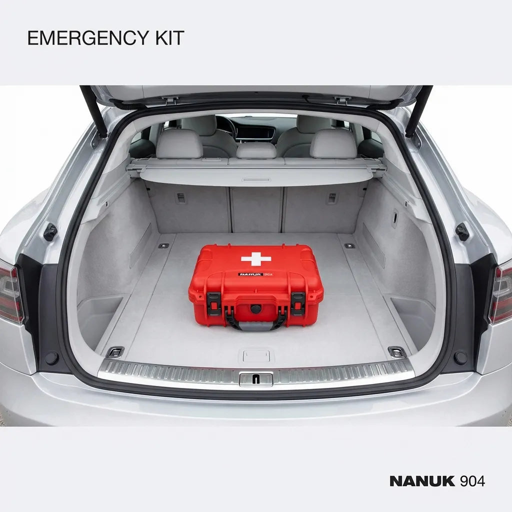 Red Nanuk 904 emergency kit stored in a vehicle trunk illustrating its compact footprint for automotive safety.