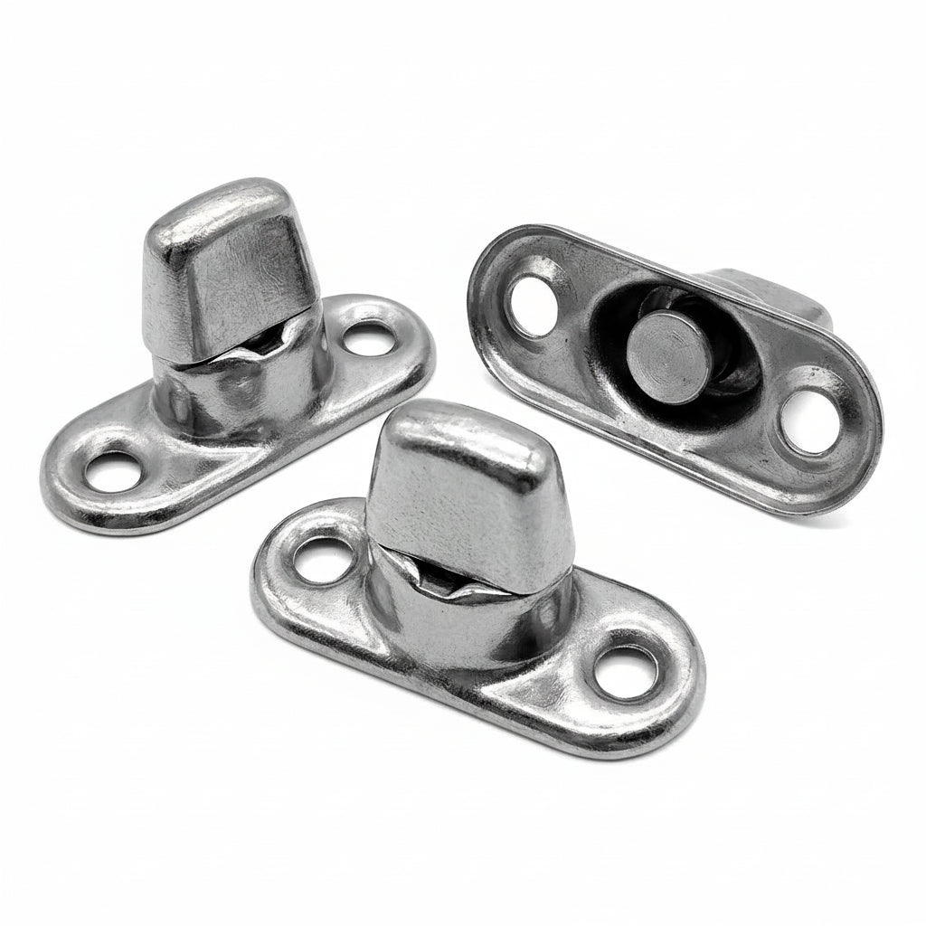 Three nickel-plated brass twist lock fasteners for marine canvas shown from top and bottom profiles on a white background.