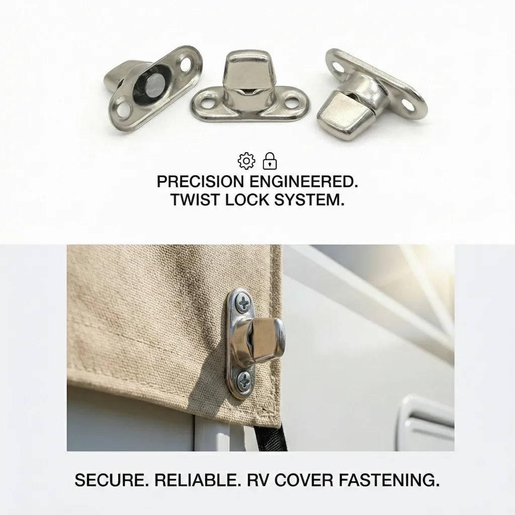 A twist lock fastener secured to a tan RV canvas cover, demonstrating reliable fastening for travel trailers.